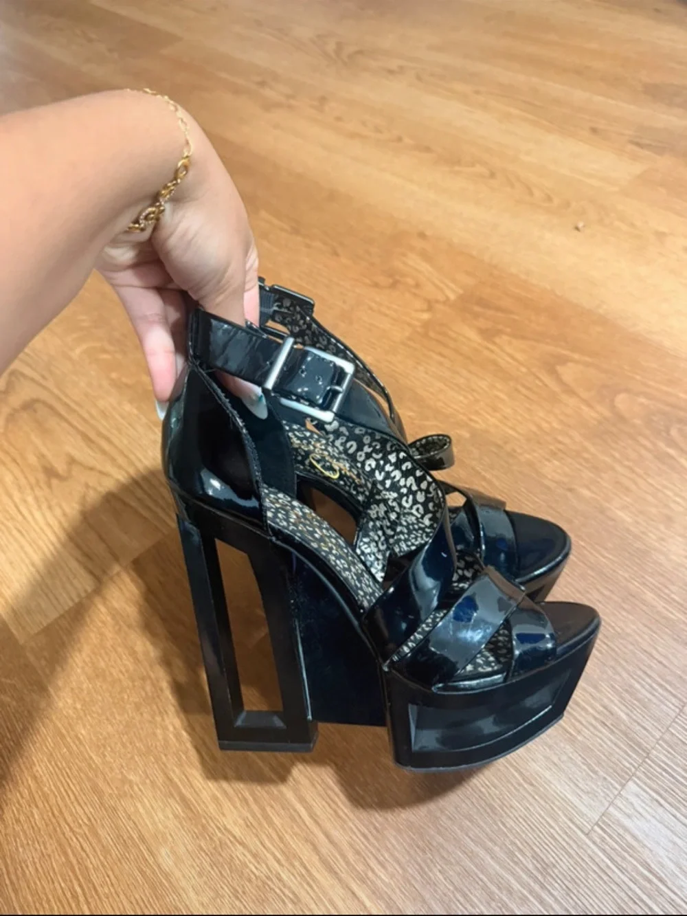 Jessica Simpson Black Patent Platform Strappy Heels